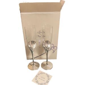 Lenox True Love Champagne Flutes Set 2 Toasting Glasses Silverplated Stem 812613
